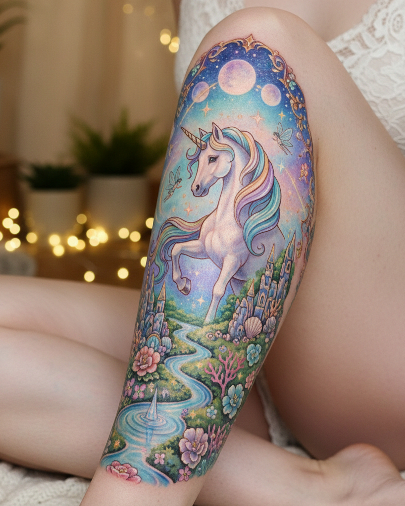 Unicorn tattoos are like wearable daydreams. They’re Magical Tattoos for women who chase stars and collect stories.