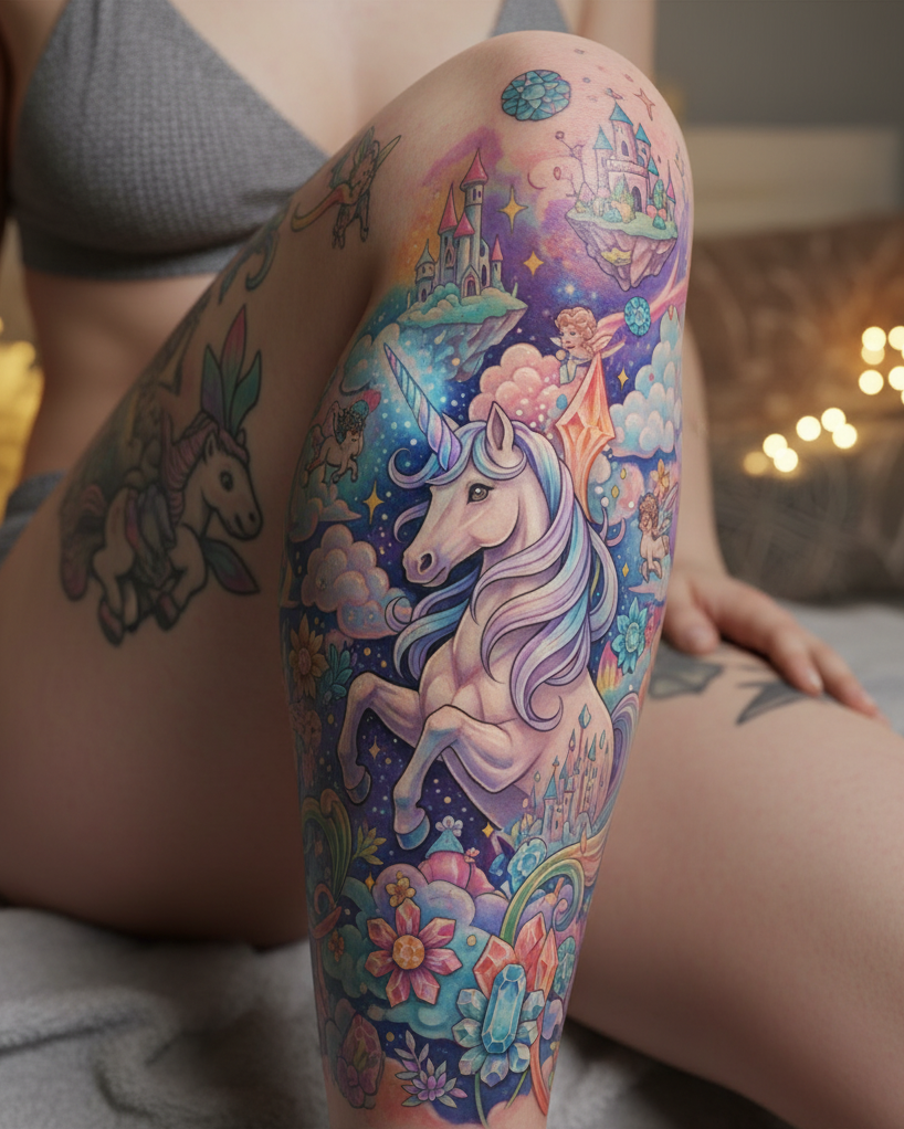 These tattoos are pure magic with a horn. Unicorn designs are top-tier Magical Tattoos for women who love a little sparkle in their story.