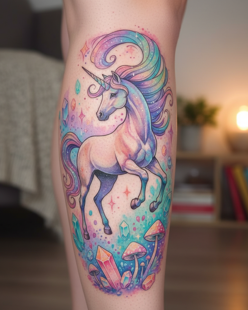 Unicorn tattoos say “I’m rare, radiant, and totally unstoppable.” They’re the kind of Magical Tattoos for women that glow with personality.
